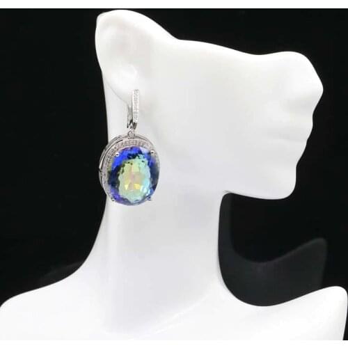 40x21mm Big 17.5g Jewelry Set 22x18mm Created Fire Rainbow Mystic Topaz White CZ For Womans Dating Silver Earrings Pendant