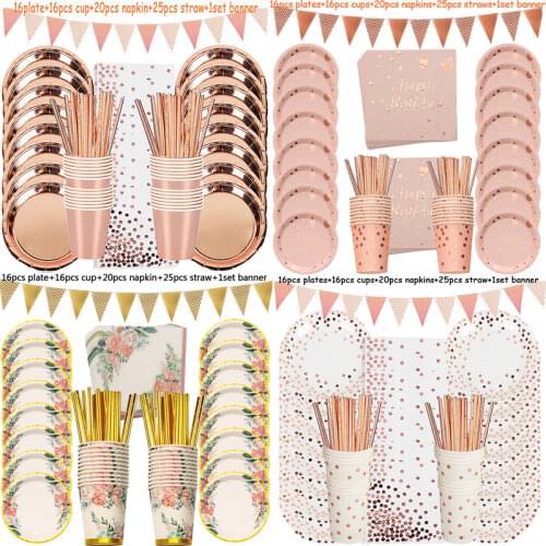 78pcs Vintage Floral Gold Disposable Tableware Set Paper Straw Plate Paper Cup Adult Birthday Party Tea Party Wedding Decoration