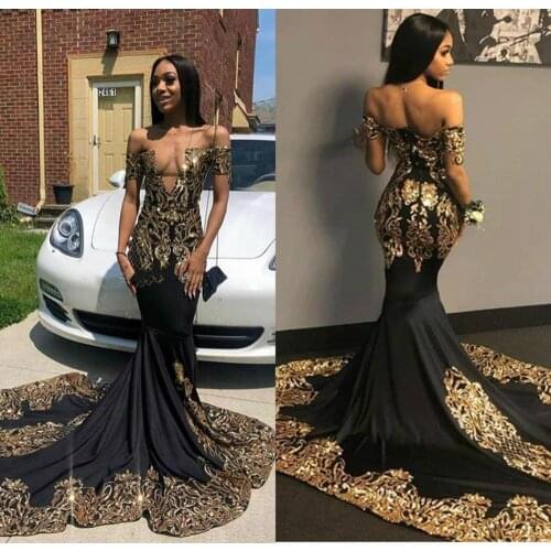 African Black Evening Dresses With Gold Appliques Sequins V Neck Short Sleeve Mermaid Prom Dress Sweep Train Satin Formal Gowns