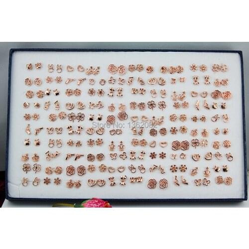 FREE Wholesale100 Pairs High Quality Alloy Rose Gold Stud Earrings Mixed Style Hollow Flower Heart Animal Earrings Gift ME41