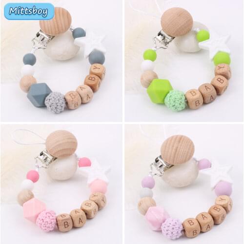 Baby Personalized Wooden Name Handmade Star Beech Pacifier Clip Holder Chain Silicone Pacifier Baby Teether Teething Chain Gifts