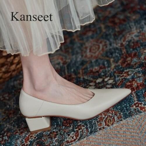 Kanseet Spring Autumn New Women Pumps Genuine Leather Elegant Pointed Toe Concise Handmade Footwear Office Lady Square Heel shoe
