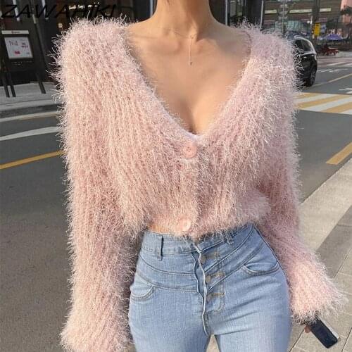 ZAWAHIKI Korea Chic Autumn Winter Elegant Temperament Sexy Sweet V-neck Mohair Short Knit Cardigan Long Sleeve Solid Sweaters