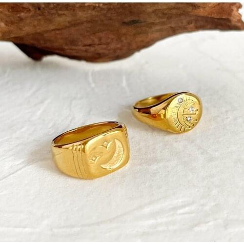 Monlansher Titanium Steel CZ Stone Chunky Ring Vintage Statement Punk Ring for Unisex Stylish Moon Star Finger Rings Jewelry New