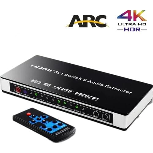 True 4K HDMI Switch 5x1 Audio Extractor 4Kx2K 3D ARC Audio EDID Setting 5 Port HDMI Switch with IR remote Supports Ultra HD 4K