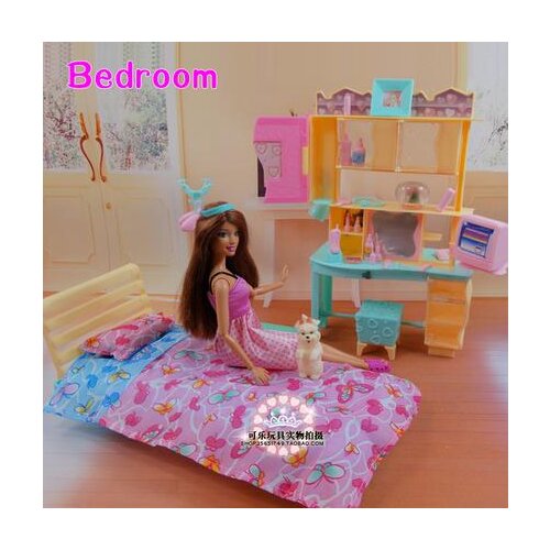 Original for barbie makeup dresser bedroom furniture 1/6 bjd doll accessorie princess bed child toy gift