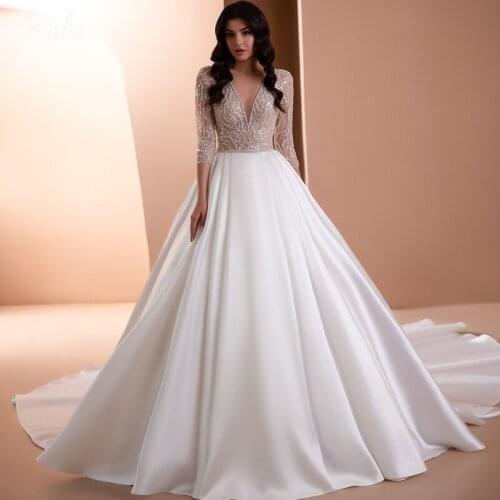 EVALOVE Romantic V-Neck Backless Satin A-Line Wedding Dress Gorgeous Sequins Lace Beading 3/4 Sleeve Custom Princess Bridal Gown