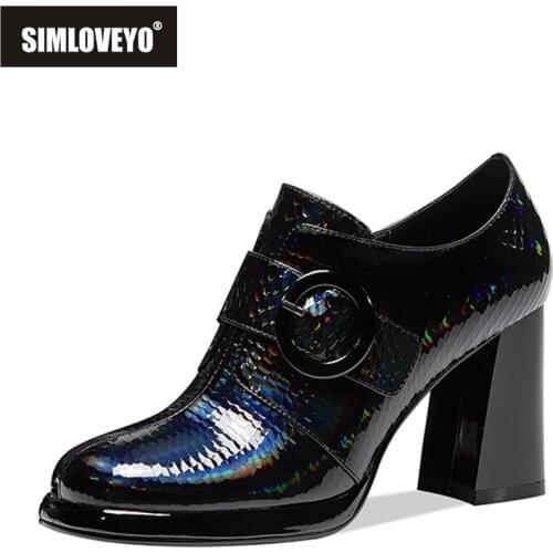 SIMLOVEYO New 2021 Ladies Pumps Round Toe 8cm Block Heels Genuine Leather Buckle Zip Stylish Soft Breathable Big Size 40 B2323