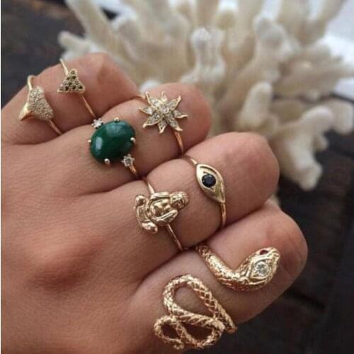 Tocona Punk Metak Big Large Snake Buddha Green Rhinestone Flower Eye Midi Knuckle For Wome Stree Gold Color Crystal Rings 7068
