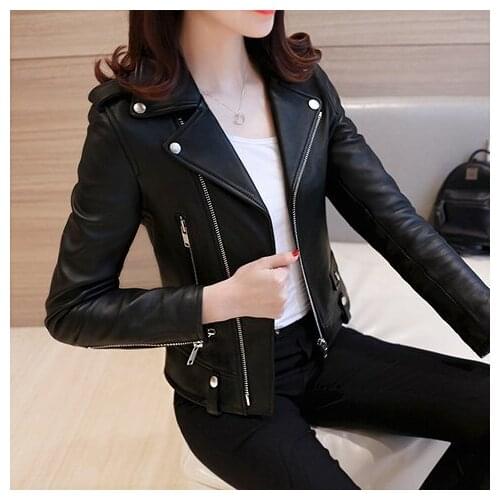 2019 New Fashion Women Autumn Winter Black Faux Leather Jackets Zipper Basic Coat Turn-down Collar Biker Jacket NS9104