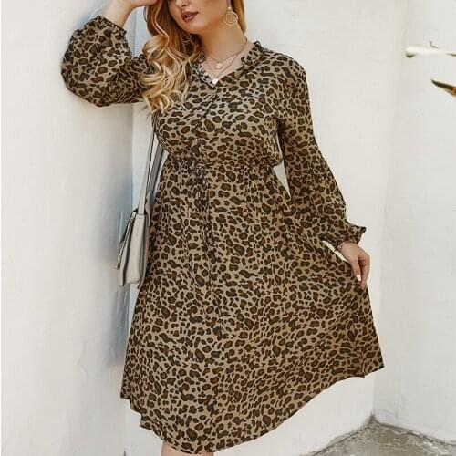 Spring large size leopard dress 4XL 5XL 6XL 7XL 8XL bust 134CM fashion womens leopard lantern sleeve button waist adjustable