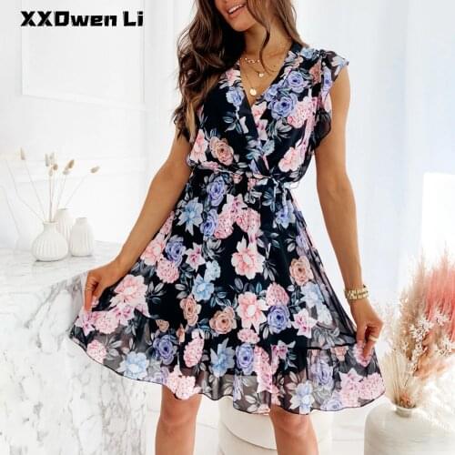 Summer Chiffon Lace Up Flying Sleeve Mini Dress Elegant Women Ruffles Elastic Waist Floral Dresses Lady Beach Boho Party Dress