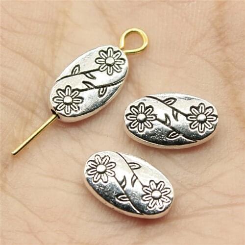 40pcs Flower Oval Small Hole Spacers Beads Charm Flower Charms Beads Antique Silver Color Oval Flower Charms Beads 10x6x3mm