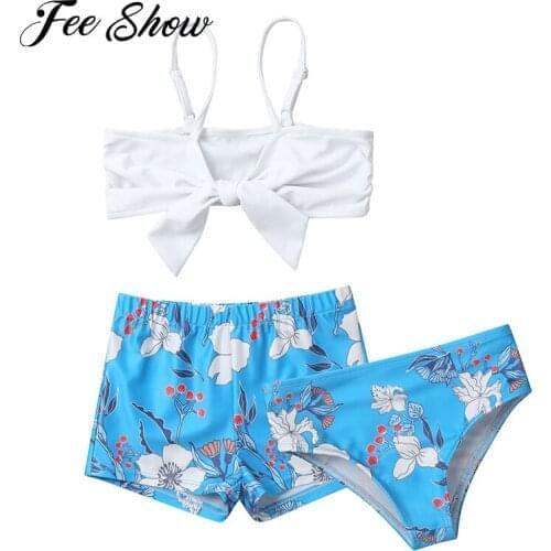 2021 Summer Kids Girls Beach Swimwear Fashion Brazilian Swimsuit Bathing Suit White Swimming Top and Boyshorts Briefs Bikini Set