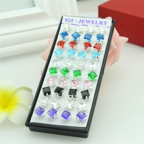 40ps/combo Free shipping jewelry Square the crystal that mix colour female silver earrings Square zircon earrings