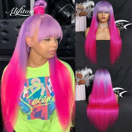 ALIFITOV Ombre Purple Rose Red Lace Front Human Hair Wigs Straight Wig Transparent Lace Wigs Remy Hair with Baby Hair For Women
