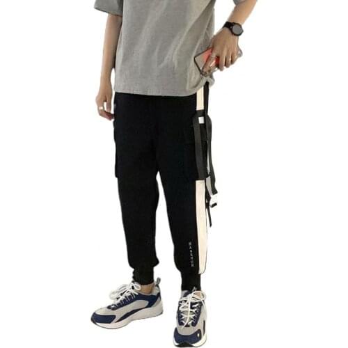 Hip Hop Men Pants Drawstring Multi Pockets Straps Ankle Tied Long Cargo Sports Sweatpants Pants Trousers Fashion Outdoor