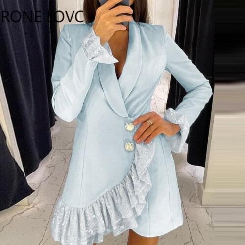 Women Lace Trim Ruffles Buttoned Blazer Dress Woker Elegant Fashion Dress