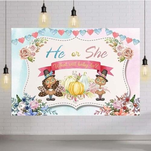 Fall Gender Reveal Party Backdrop He or She Autumn Turkey Pumpkin Baby Shower Photography Background Thanksgiving Day Banner