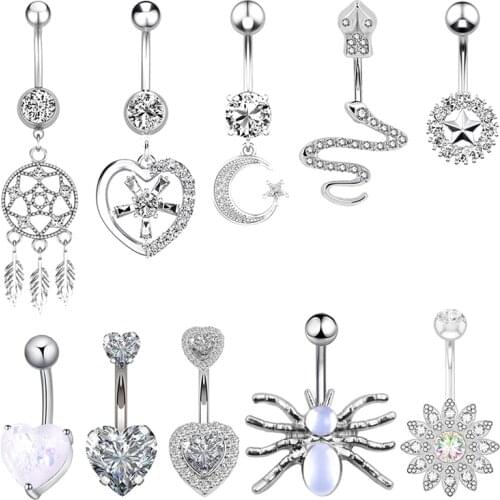 1PC New Spider Snake Moon Heart Belly Button Rings for Women 14G Surgical Steel Bar Belly Piercing CZ Crystal Navel Ring Barbell