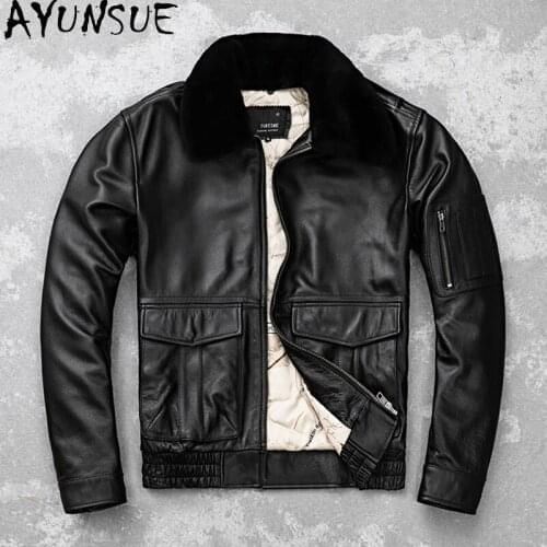 AYUNSUE Winter Real Leather Jacket Men Parka Real Cow Leather Coats Wool Collar Slim Streetwear Mens Clothing Warm Veste Homme