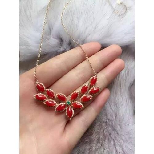 Natural red precious coral Necklace natural gemstone Pendant Necklace S925 silver trendy Elegant Water droplets women Jewelry