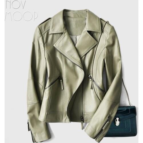 Novmoop imported turkey genuine sheepskin leather motocycle style women jacket high end Abrigo piel de oveja para mujer LT3209