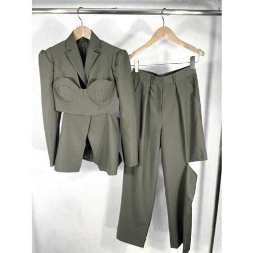 New ladies fashion 2021 hollow deconstructed suit jacket + cut wide leg pants 2-piece set 0113