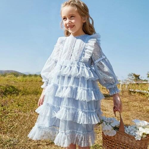 Baby Girls Dress Vintage Lace Ceremony Clothing Party Elegant Wear Girls Princess Layered Dress Kids Clothes Blue 4-9Y