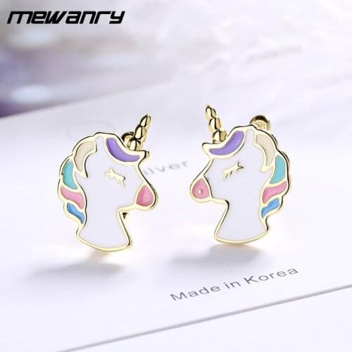 Mewanry Prevent Allergy 925 Sterling Silver Stud Earrings INS Fashion Creative Unicorn Luxury Jewelry Party Gifts for Women