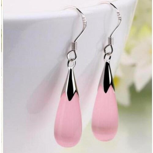 Opal Silver Plated Earrings Korean Cats Eye Stone Drop Earrings For Women Earing Jewelry Earings Silver Color Dangle Earring