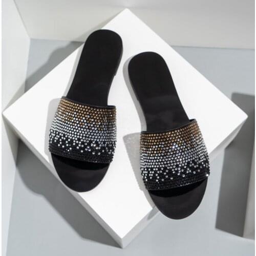 2021 Women Outdoor Slides Fashion Flat Heel Beach Shoes Casual Luxury Rhinestone Female Flip Flops Summer Slippers Shoes Woman