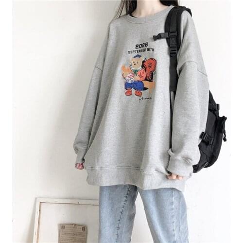 Bear Embroid Vintage Kawaii Cotton Crewneck Sweatshirt Women Teens Girls Oversized Loose Winter Tops New Casual Harajuku Design