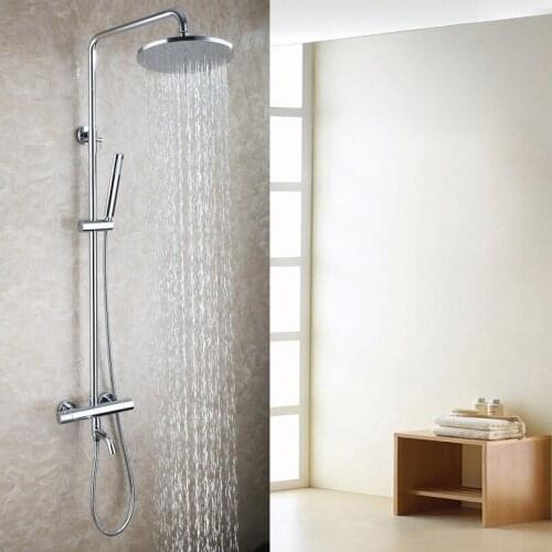 Exposed Bath Thermostatic Shower Mixer Faucet Set 10 Inch Round Rain Bathroom Shower Head Brass Hand Shower
