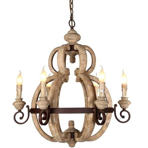 6 light Rustic Wood chandelier vintage white french style hanging wooden lamp for bedroom kitchen living dining room decor