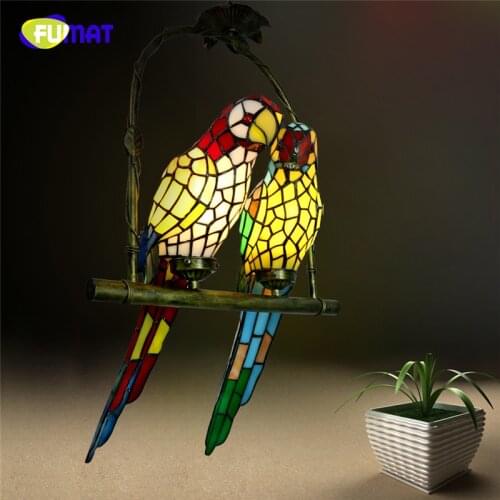 FUMAT Stained Glass Parrot Lights Creative Art Glass Bird Parrots Pendant Lamp For Living Room Glass Shade LED Pendant Light