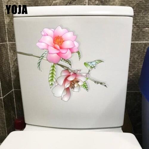 YOJA 19X22CM Delicate Pink Flowering Branch Fashion Toilet Sticker Home WC Room Wall Decor Decal T1-1439