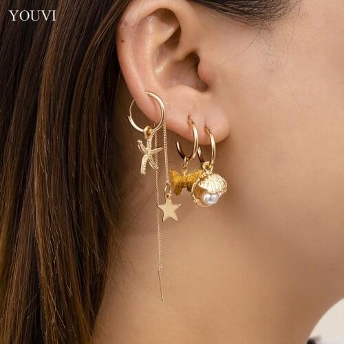 YOUVI 5Pcs/Set Pendants Pearl Earrings for Women Fashion Circle Ear Cuff Tassel Chains Piercing Earrings 2021 Trend Jewelry