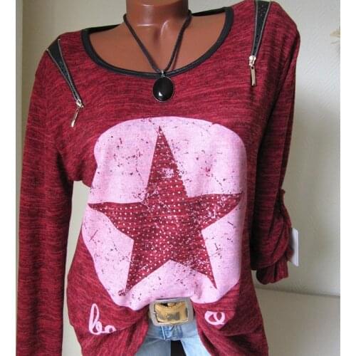 Plus Size S-5XL Fall O-neck Zipper Long Sleeve Star Tops for Women 2020 New TShirts Women Casual Women Shipping