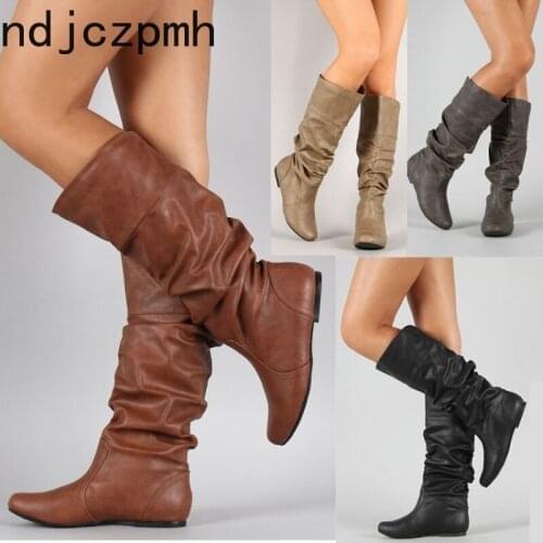 Womens Boots The New fashion winter Round head flat Comfortable Non-slip Middle tube Womens shoes plus size 34-51 black