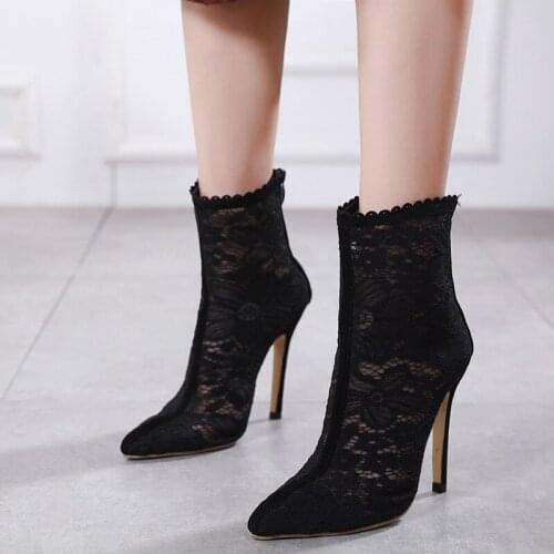 2020 Spring black sexy lace chelsea boots women thin high heels pointed toe short ankle botas cut out party ladies bottes femme