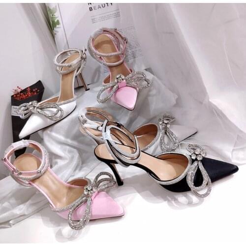 2021 Hot Glitter Rhinestones Women Pumps Crystal bowknot Satin Summer Lady Shoes Genuine leather High heels Party Prom Shoes