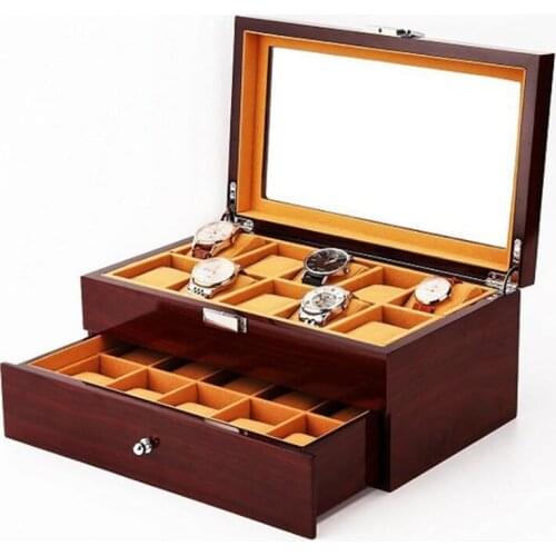 20 Grids Double Layer Retro Watch Box Sandalwood Wooden Watch Case Boxes Storage Organizer with Drawer for Men Watch Women Gift
