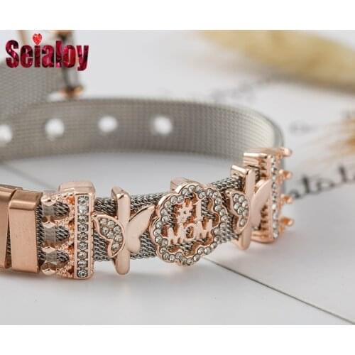 2021 New Two-Tone 10mm Stainless Steel Bracelets For Women Girls Rose Gold Crown Butterfly #1 MOM Beads Buckle Mesh Belt Bangle