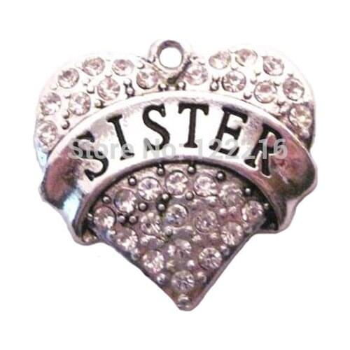 50pcs a lot fashion rhodium plated Sister with clear crystal heart Pendant
