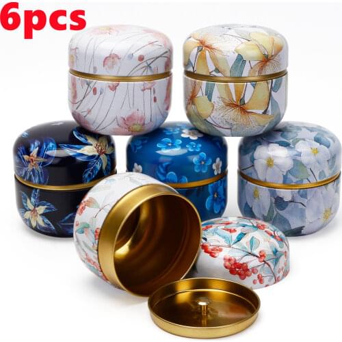 6pcs Round Flower Tea Box Jar Metal Storage Sweetmeats Candies Nuts Cans Coffee Tea Sealed Tin Containers Portable Travel Box