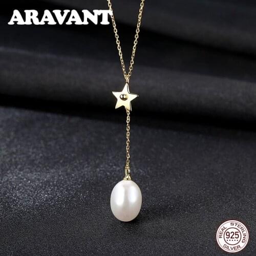 925 Sterling Silver Natural Freshwater Pearl Pendant Gold Color Star Long Chains Necklace 8-9MM Pearl Jewelry For Women