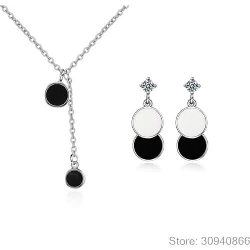 925 Sterling Silver Jewelry Sets Epoxy Black Round Wafer Necklace+Earrings For Women Korean Fine Jewelry