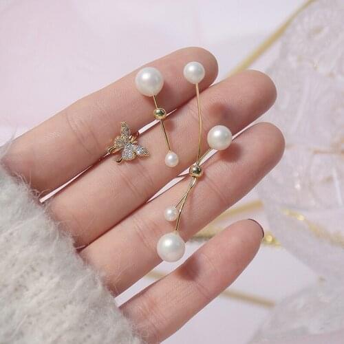 Shiny Side New Fashion Brand Jewelry Crystal Butterfly Stud Earrings for Women Gift Unique Elegant Pearl Earrings