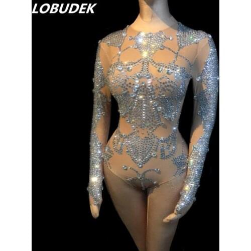 Sparkly Rhinestones Nude Bodysuit Stretch Long Sleeve Crystal Catsuit Bar Nightclub Lady DJ Singer Dancer Sexy Stage Costume
